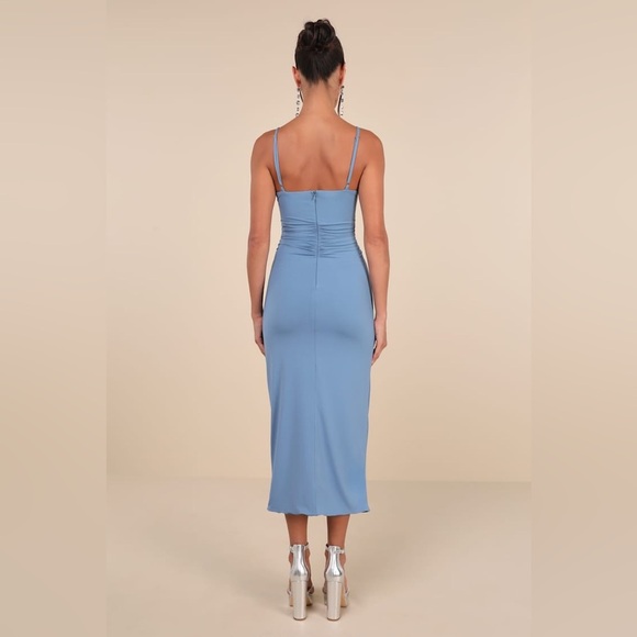 LULU’S Mesmerizing Reputation Slate Blue Twist Front Bodycon Midi Dress - Picture 4 of 6